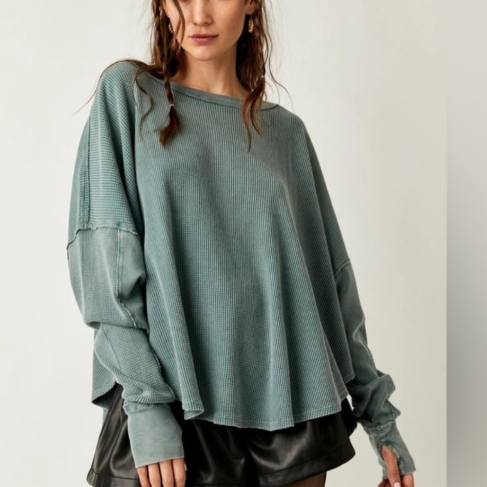 Free People Microphone Drop Thermal top t-shirt long sleeve silver pine NEW!
